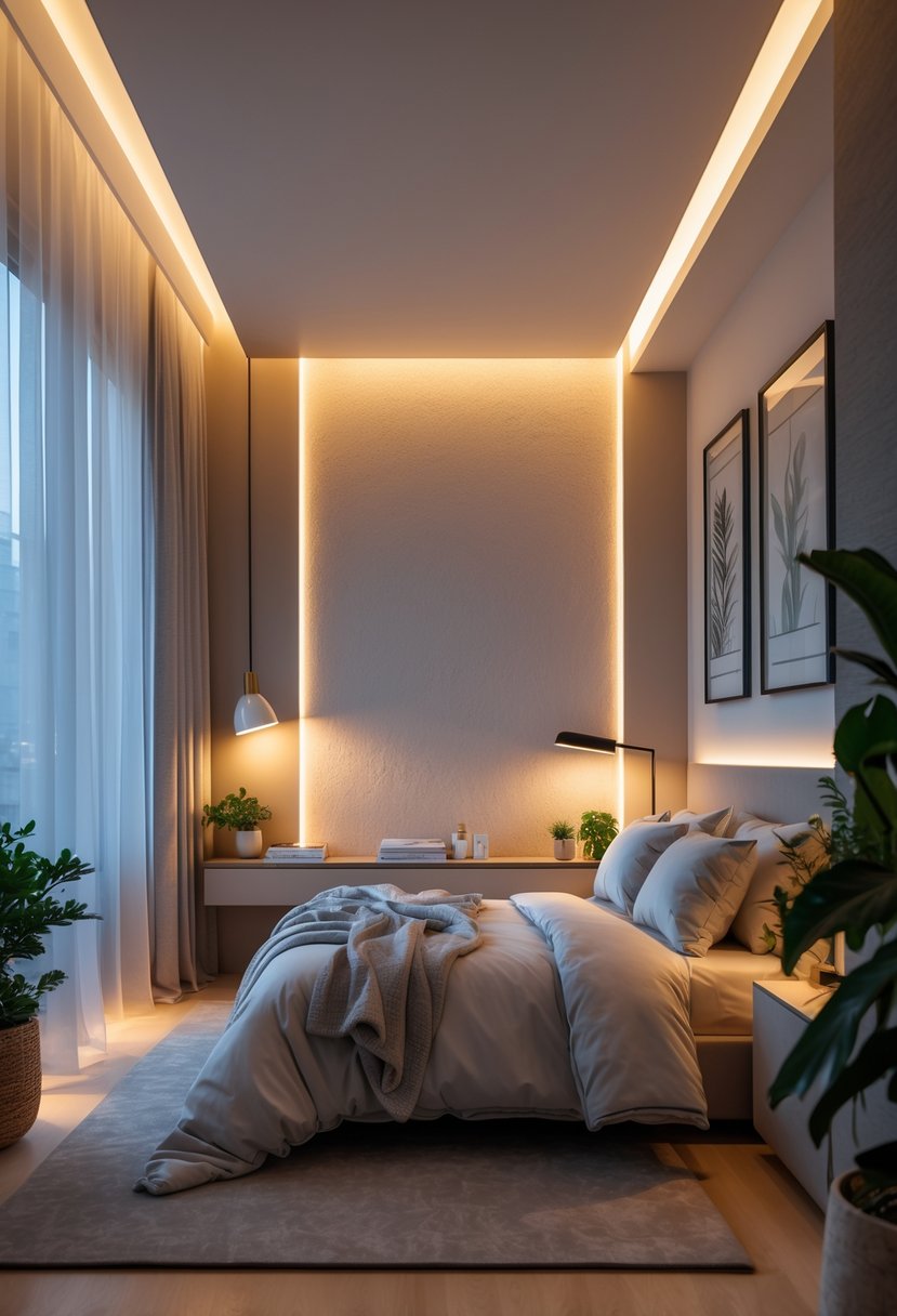 Bedroom Ideas 2026: 22 Stylish Ways To Refresh Your Space 7 A modern bedroom with layered lighting including ambient ceiling lights, a bedside lamp, and accent lights highlighting wall art and plants.