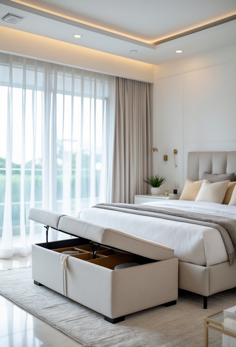 Bedroom Ideas 2026: 22 Stylish Ways To Refresh Your Space 8 A bedroom with a bed and a fabric storage ottoman at its foot, showing an open lid with organized items inside, bathed in natural light.