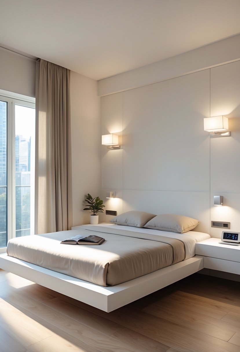 Bedroom Ideas 2026: 22 Stylish Ways To Refresh Your Space 10 A bedroom with a bed and floating nightstands mounted on the wall, showing an open floor space beneath them.