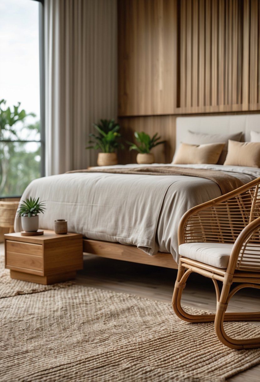Bedroom Ideas 2026: 22 Stylish Ways To Refresh Your Space 11 A bedroom with a wooden bed, rattan chair, nightstand with plant, and natural light coming through a window.