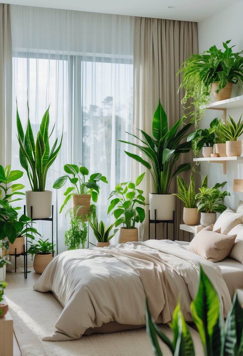 Bedroom Ideas 2026: 22 Stylish Ways To Refresh Your Space 14 A bedroom with a neatly made bed and several green indoor plants placed around the room near windows and on shelves.