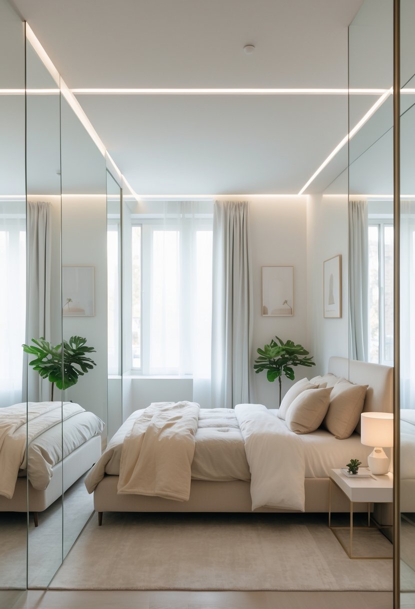 Bedroom Ideas 2026: 22 Stylish Ways To Refresh Your Space 15 Small bedroom with large mirrors reflecting the room to create an expanded, bright space with a bed, bedside table, lamp, and plant.
