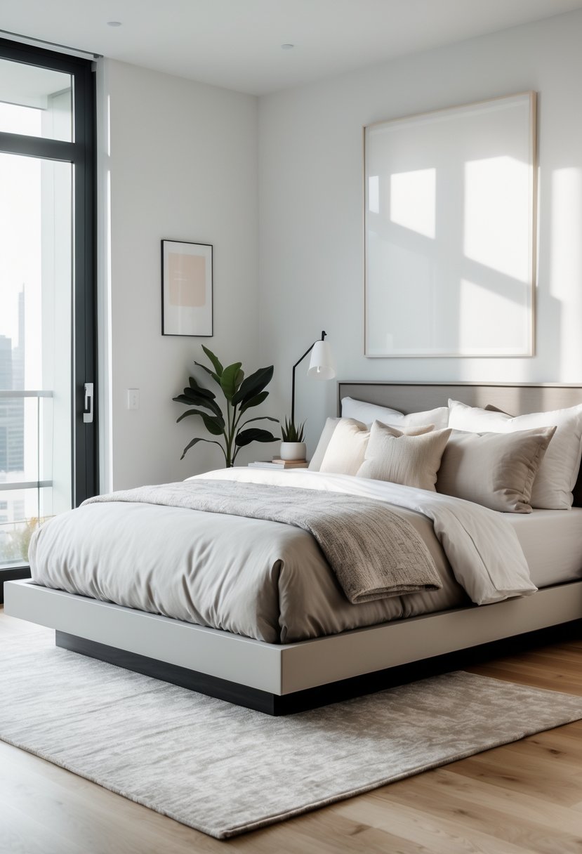 Bedroom Ideas 2026: 22 Stylish Ways To Refresh Your Space 16 A bedroom with a low platform bed, neutral bedding, natural light from large windows, a nightstand with a lamp and plant, and hardwood flooring with a rug.