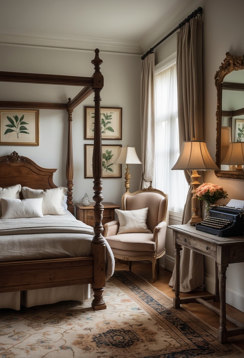 Bedroom Ideas 2026: 22 Stylish Ways To Refresh Your Space 19 A cozy bedroom with a wooden four-poster bed, antique nightstand with a brass lamp, vintage armchair by a window, framed botanical prints on the wall, and a patterned rug on the floor.