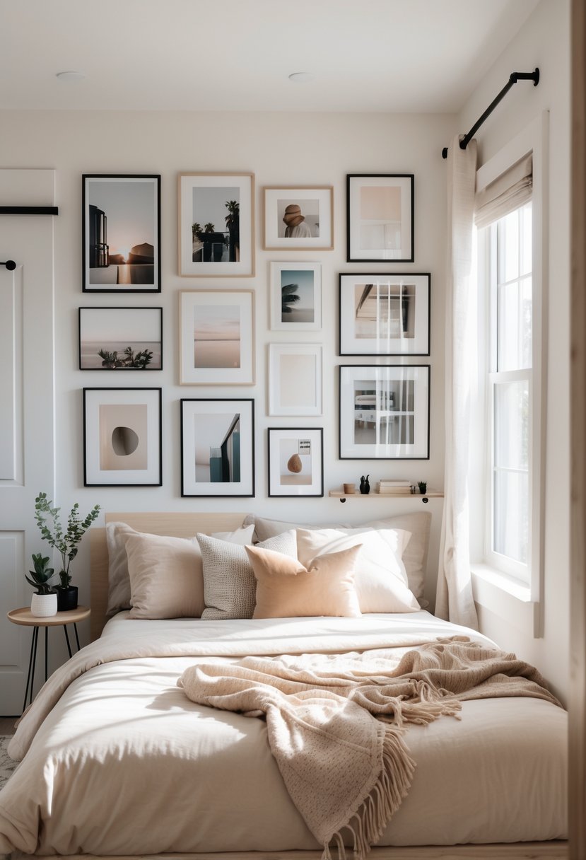 Bedroom Ideas 2026: 22 Stylish Ways To Refresh Your Space 20 A bedroom with a bed beneath a gallery wall displaying personal photos and art prints in various frames.