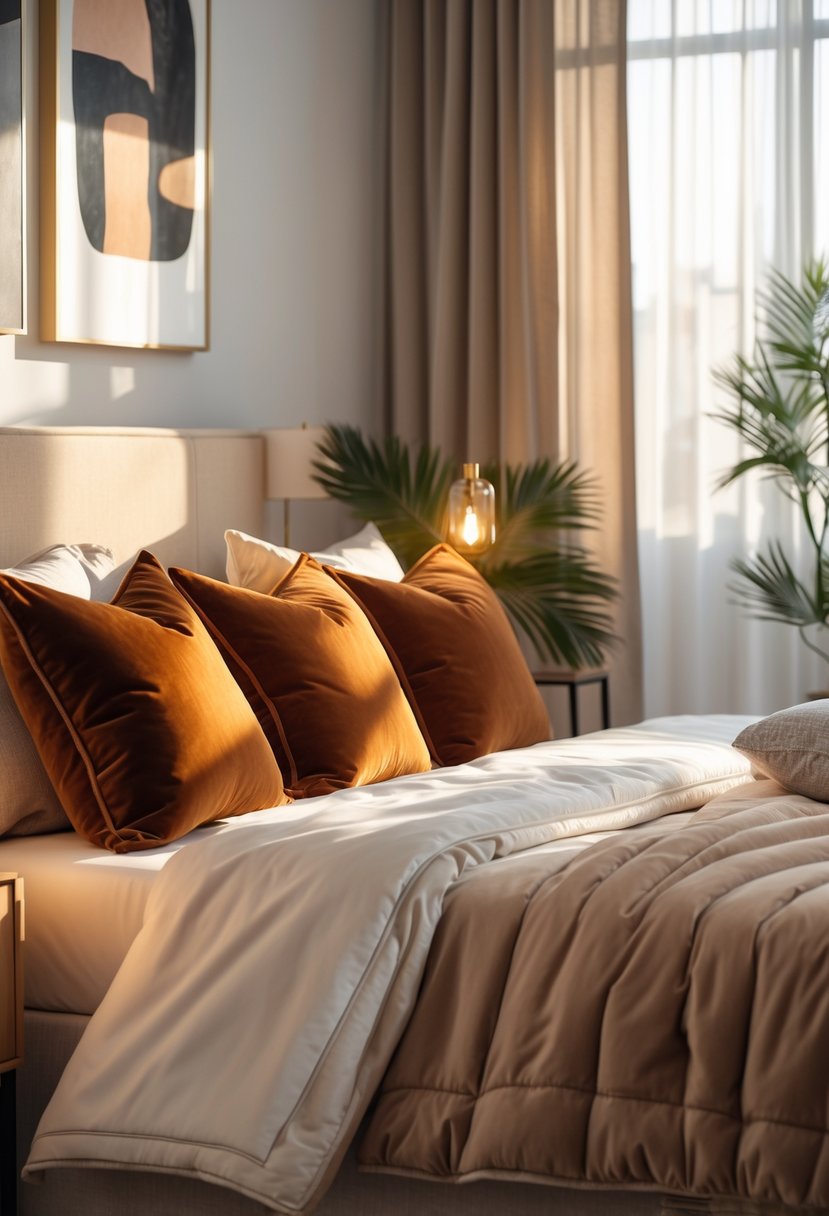 Bedroom Ideas 2026: 22 Stylish Ways To Refresh Your Space 22 A cozy bedroom with a neatly made bed featuring soft velvet throw pillows, a wooden nightstand with a lamp, sheer curtains letting in sunlight, and decorative plants and artwork.