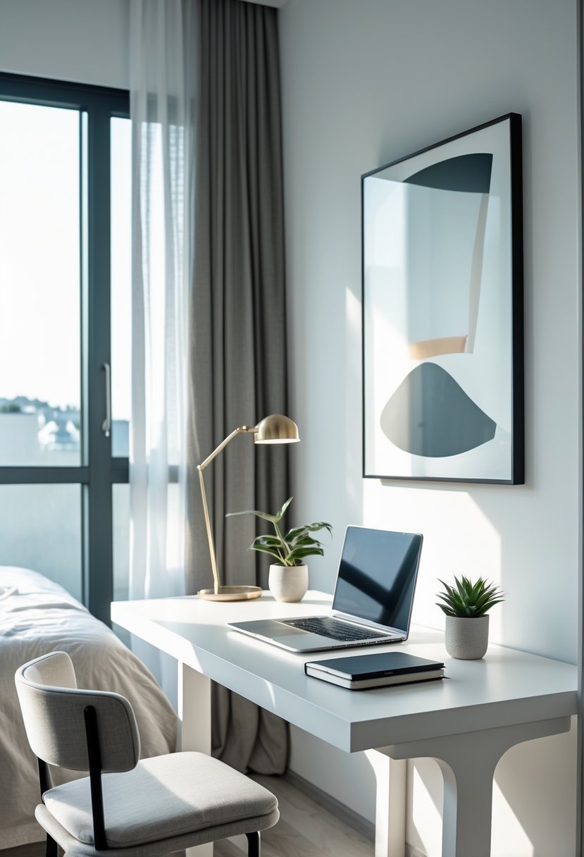 Bedroom Ideas 2026: 22 Stylish Ways To Refresh Your Space 23 A minimalist desk with a laptop, plant, and lamp in a bright bedroom with a bed and chair nearby.