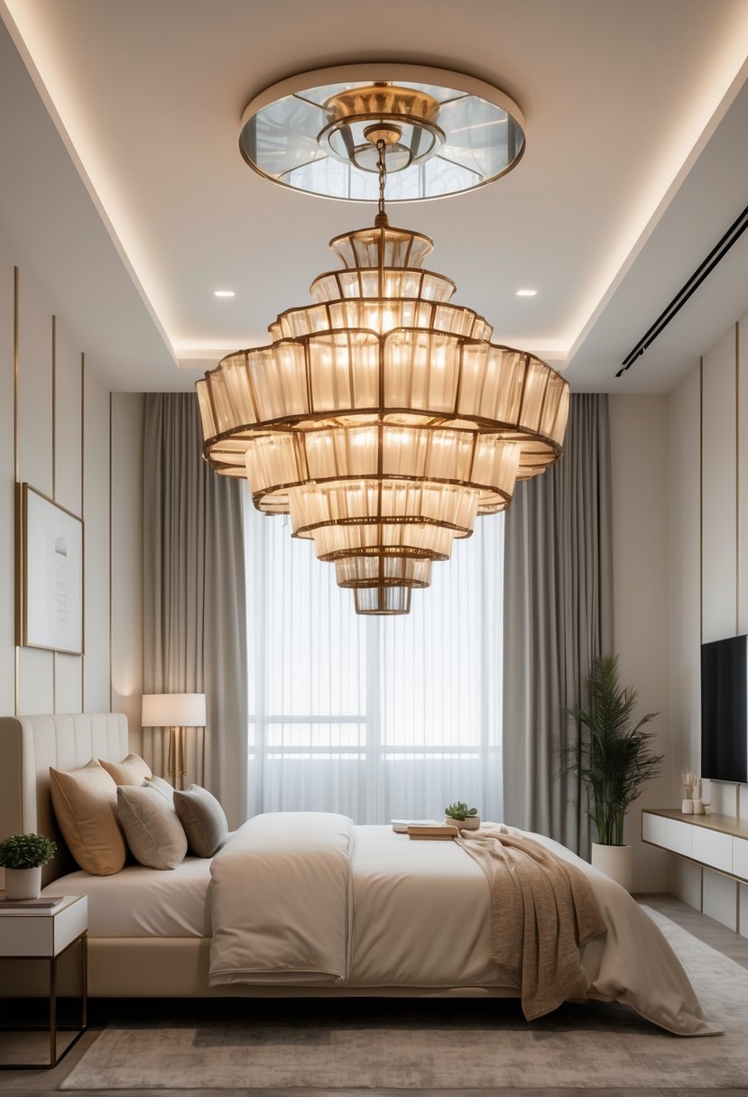 Bedroom Ideas 2026: 22 Stylish Ways To Refresh Your Space 24 A bedroom with a large decorative chandelier hanging from the ceiling above a neatly made bed.