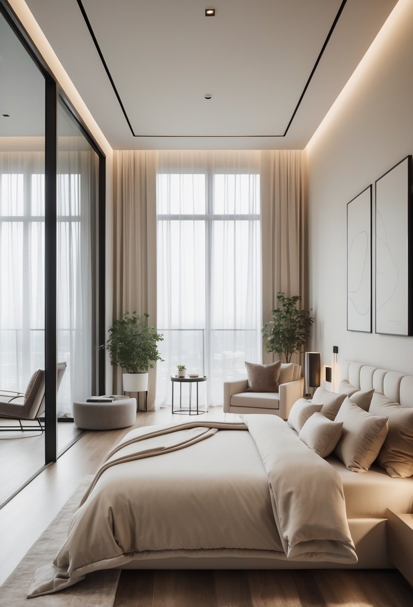 Bedroom Ideas 2026: 22 Stylish Ways To Refresh Your Space 26 A modern bedroom with a large bed, floor-to-ceiling windows, a reading nook, and indoor plants.