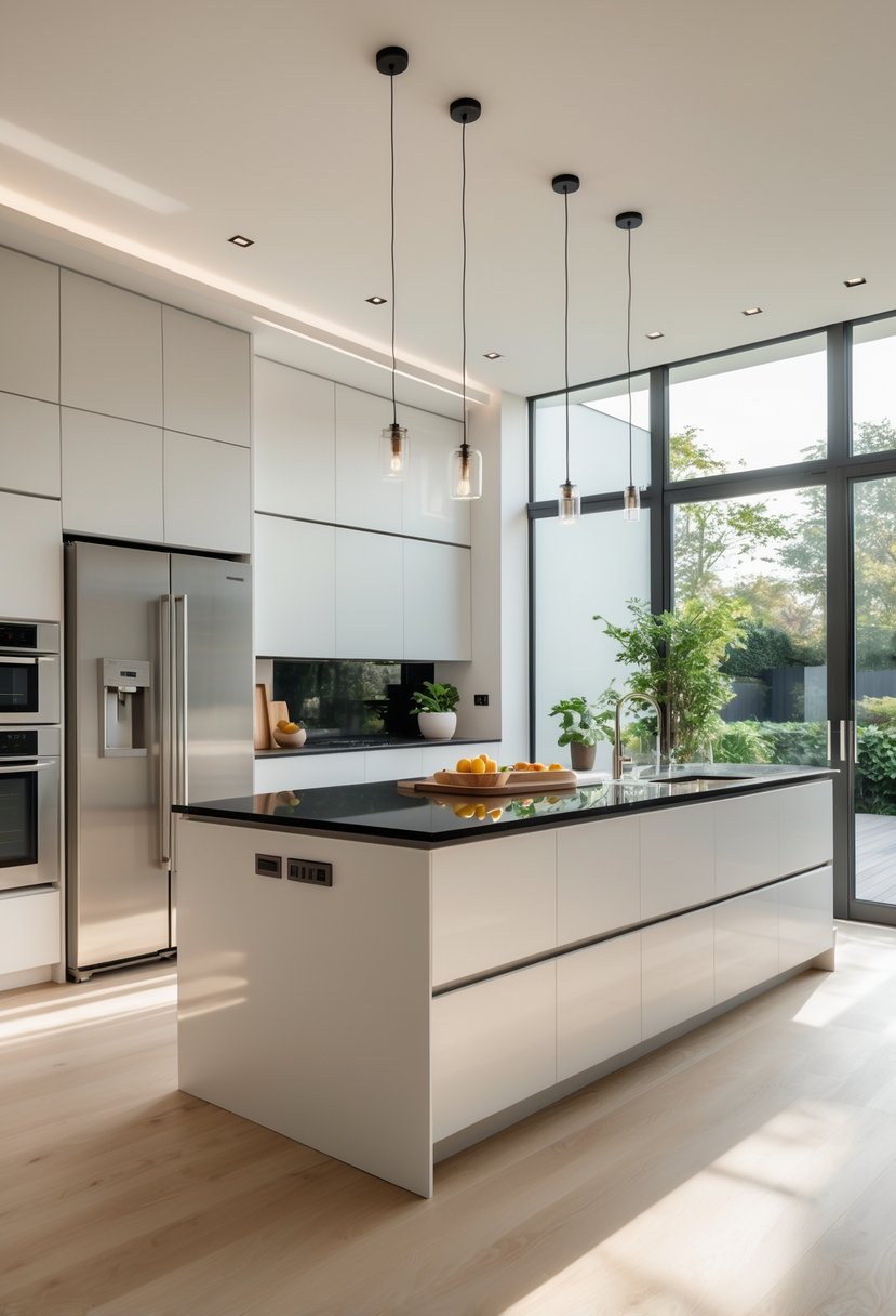 Kitchen Designers Ideas 2026: 23 Expert Concepts for Modern Homes 2 A modern kitchen with white cabinets, a black countertop island, stainless steel appliances, large windows, and decorative plants.