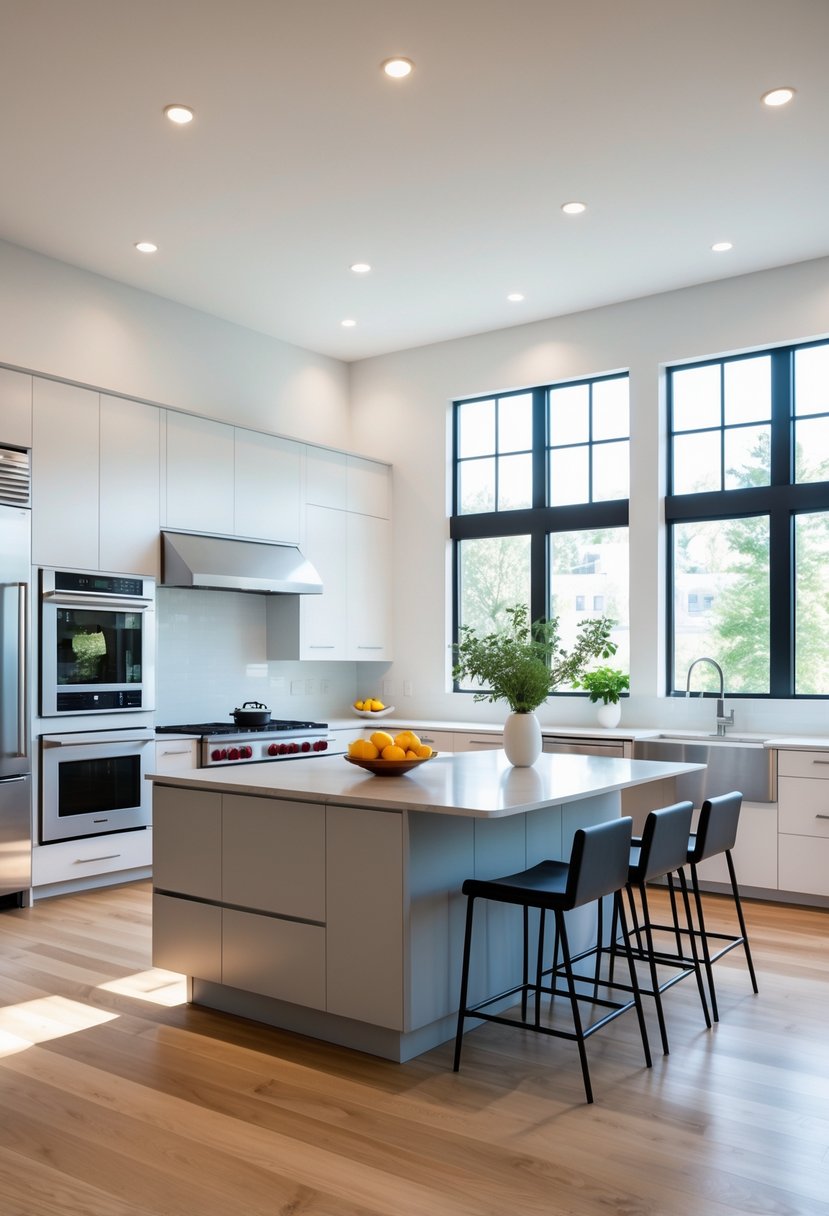 Kitchen Designers Ideas 2026: 23 Expert Concepts for Modern Homes 3 Bright open kitchen with a large island, bar stools, cabinets, and appliances.