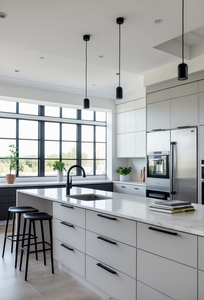 Kitchen Designers Ideas 2026: 23 Expert Concepts for Modern Homes 6 A bright modern kitchen with matte black handles on cabinets and drawers, a white marble countertop, and large windows letting in natural light.