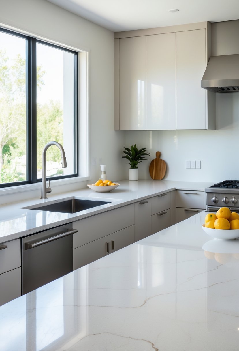 Kitchen Designers Ideas 2026: 23 Expert Concepts for Modern Homes 7 A modern kitchen with quartz countertops featuring subtle veining, minimalist cabinets, and stainless steel appliances.