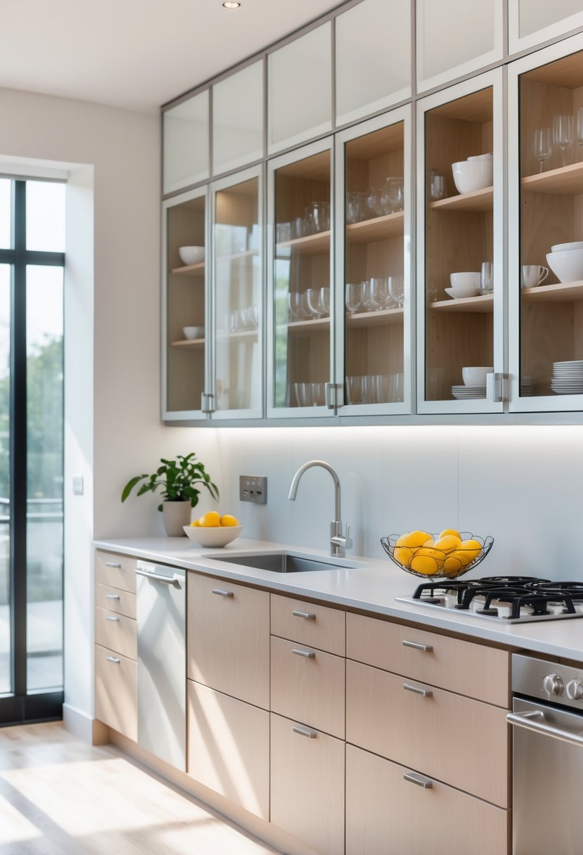 Kitchen Designers Ideas 2026: 23 Expert Concepts for Modern Homes 8 A bright kitchen with glass-front upper cabinets displaying dishes and glassware, a clean countertop, and stainless steel appliances.