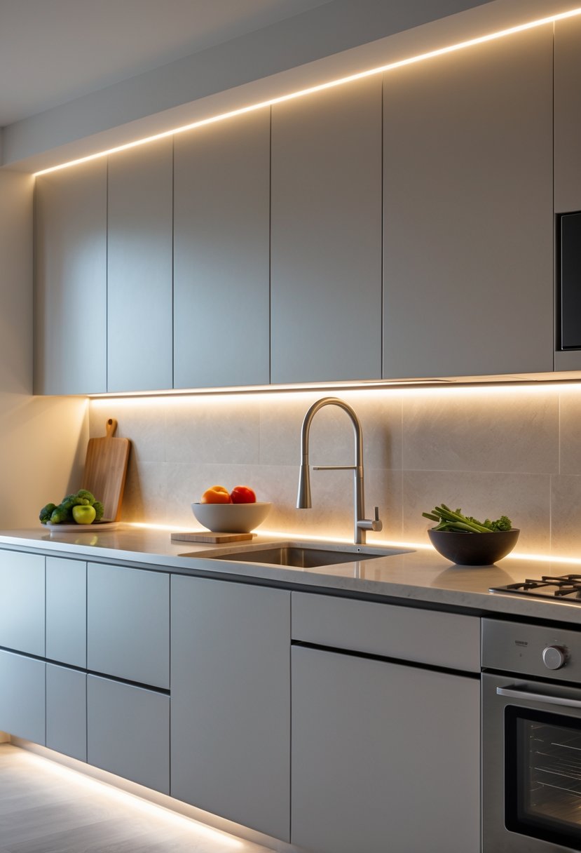 Kitchen Designers Ideas 2026: 23 Expert Concepts for Modern Homes 9 A modern kitchen with under-cabinet LED lighting illuminating the countertop and cabinetry.