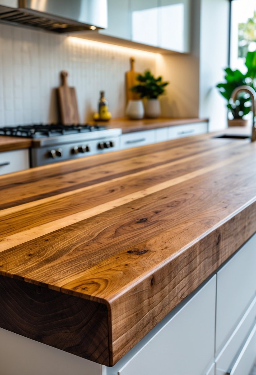 Kitchen Designers Ideas 2026: 23 Expert Concepts for Modern Homes 10 Close-up of a wooden butcher block countertop in a modern kitchen with white cabinets and stainless steel appliances.