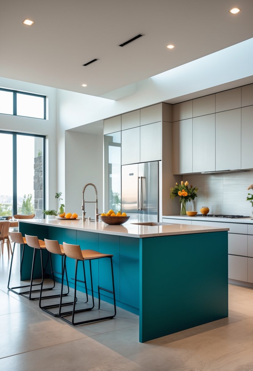 Kitchen Designers Ideas 2026: 23 Expert Concepts for Modern Homes 11 A modern kitchen with a bold colored kitchen island, bar stools, and natural light coming through large windows.