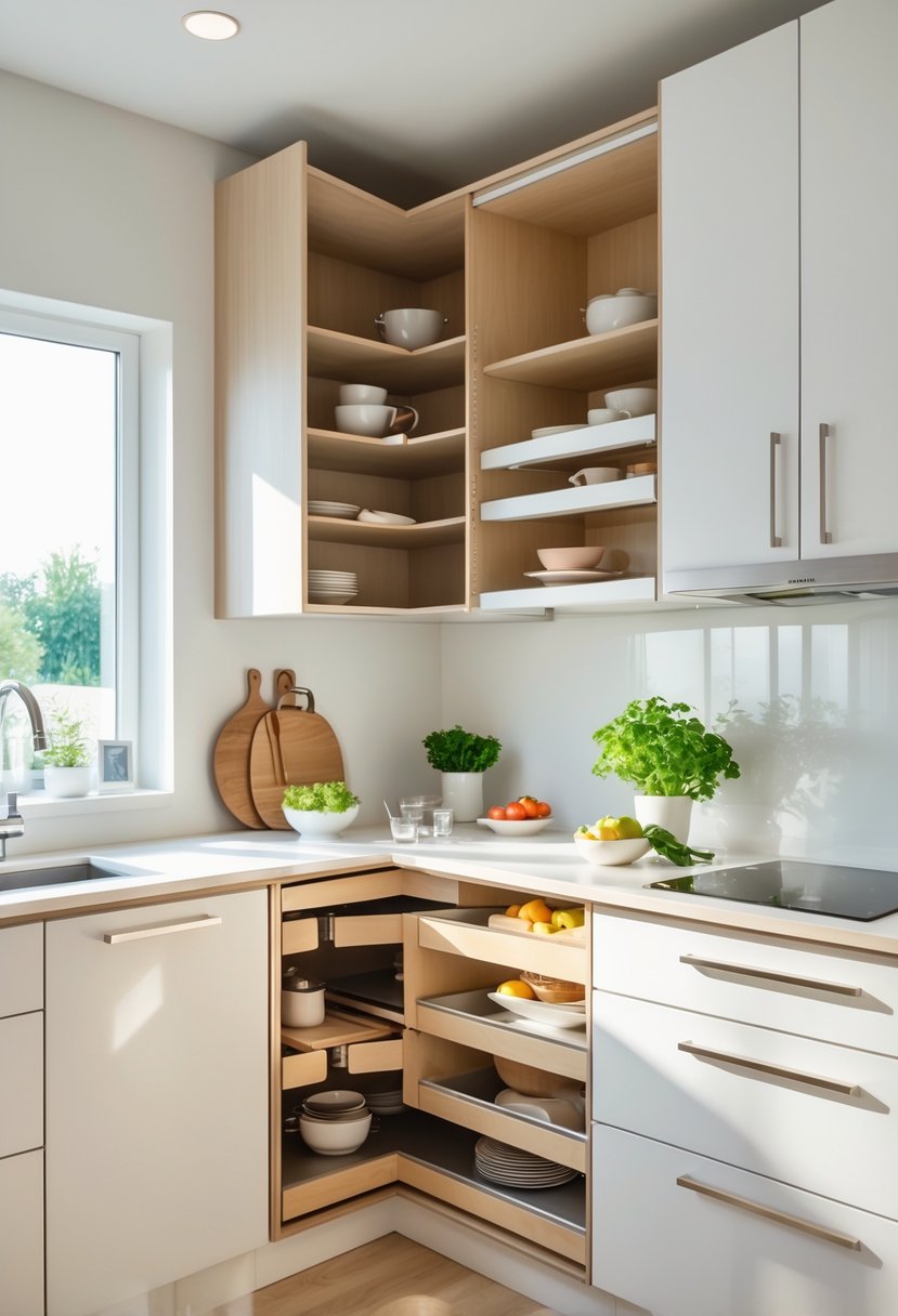 Kitchen Designers Ideas 2026: 23 Expert Concepts for Modern Homes 12 A modern kitchen corner with smart storage solutions including pull-out shelves and rotating carousels, featuring light wood and white cabinets with a clean countertop and natural light.