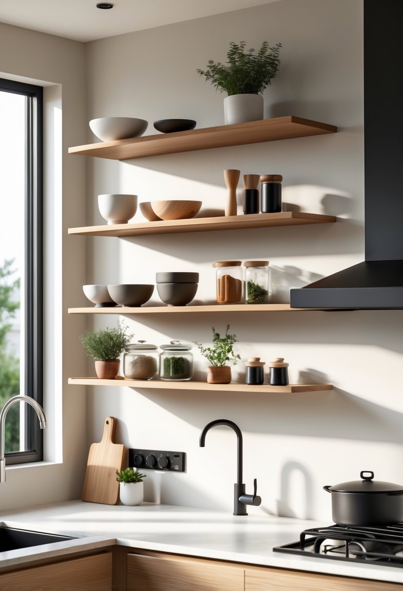 Kitchen Designers Ideas 2026: 23 Expert Concepts for Modern Homes 13 A modern kitchen with floating shelves displaying kitchenware and plants above a clean countertop.
