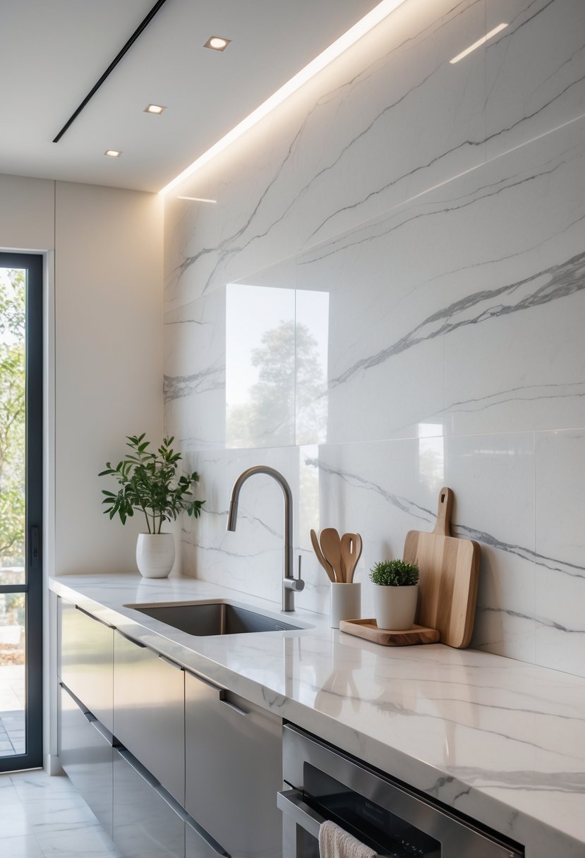 Kitchen Designers Ideas 2026: 23 Expert Concepts for Modern Homes 15 A modern kitchen with a light-colored marble slab backsplash and clean countertop with minimal decor.