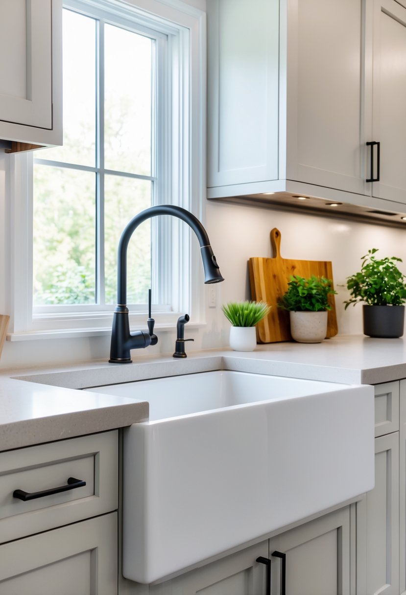 Kitchen Designers Ideas 2026: 23 Expert Concepts for Modern Homes 16 A kitchen with a large farmhouse sink under a window, surrounded by countertops and cabinets.