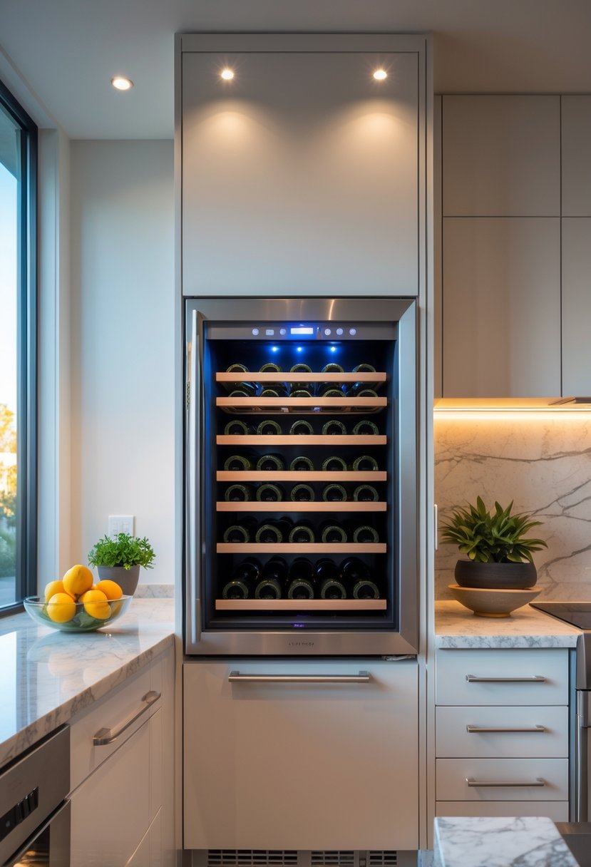 Kitchen Designers Ideas 2026: 23 Expert Concepts for Modern Homes 19 A modern kitchen with a built-in wine fridge displaying wine bottles inside glass doors, surrounded by sleek cabinetry and stainless steel appliances.