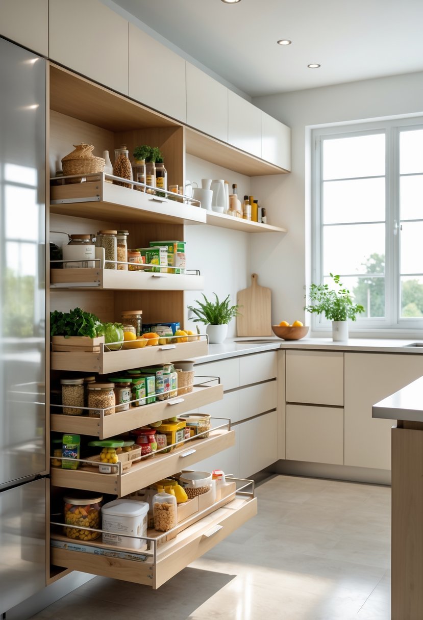 Kitchen Designers Ideas 2026: 23 Expert Concepts for Modern Homes 20 A modern kitchen with pull-out pantry shelves extended, showing organized food storage inside a built-in cabinet.