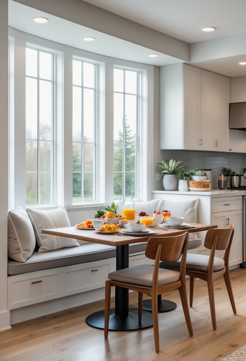 Kitchen Designers Ideas 2026: 23 Expert Concepts for Modern Homes 21 A breakfast nook with built-in seating and a wooden table set with breakfast items in a bright kitchen.