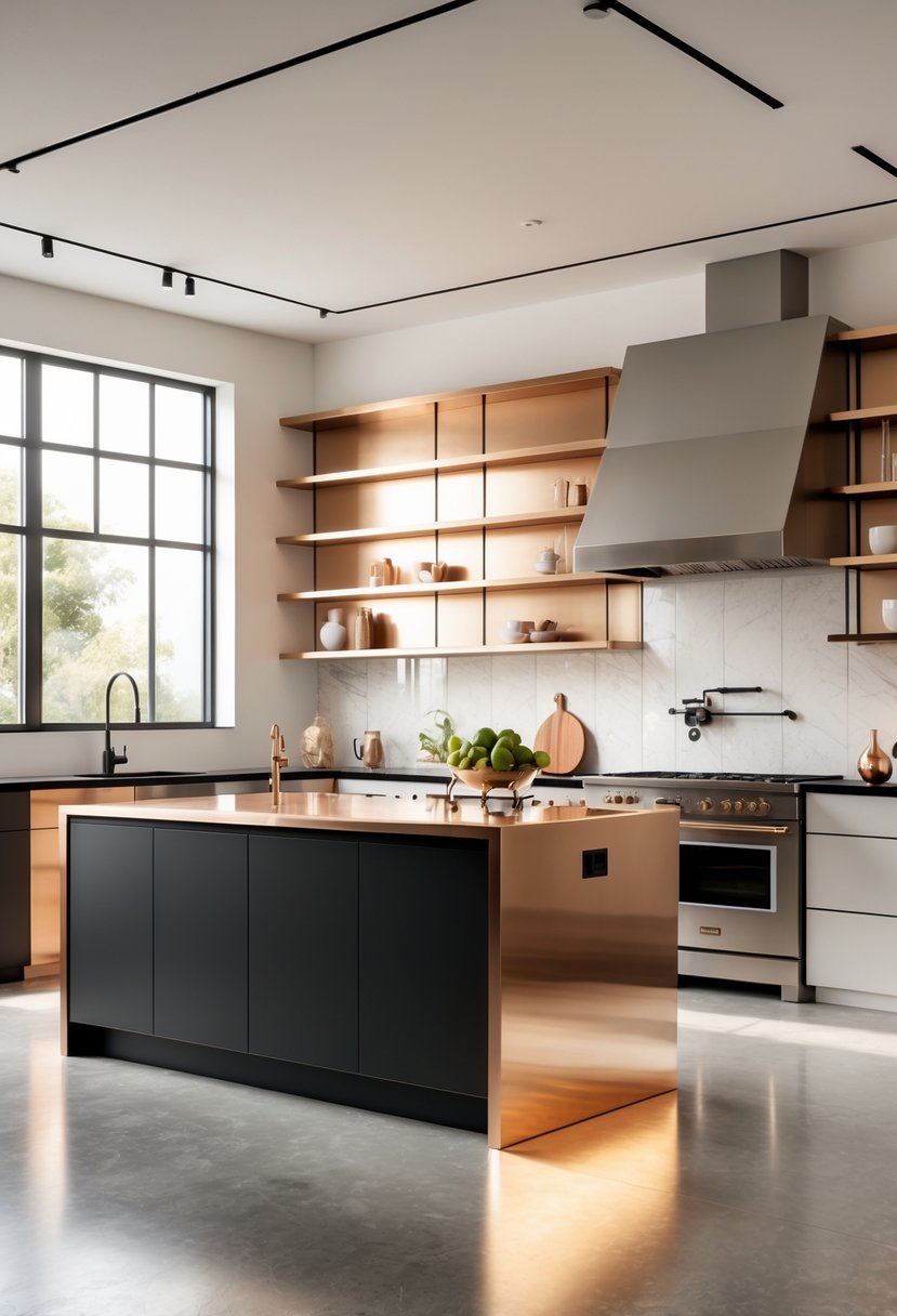 Kitchen Designers Ideas 2026: 23 Expert Concepts for Modern Homes 22 A modern kitchen with mixed metal finishes including brushed nickel, matte black, copper, and stainless steel, featuring a large island and natural light from windows.