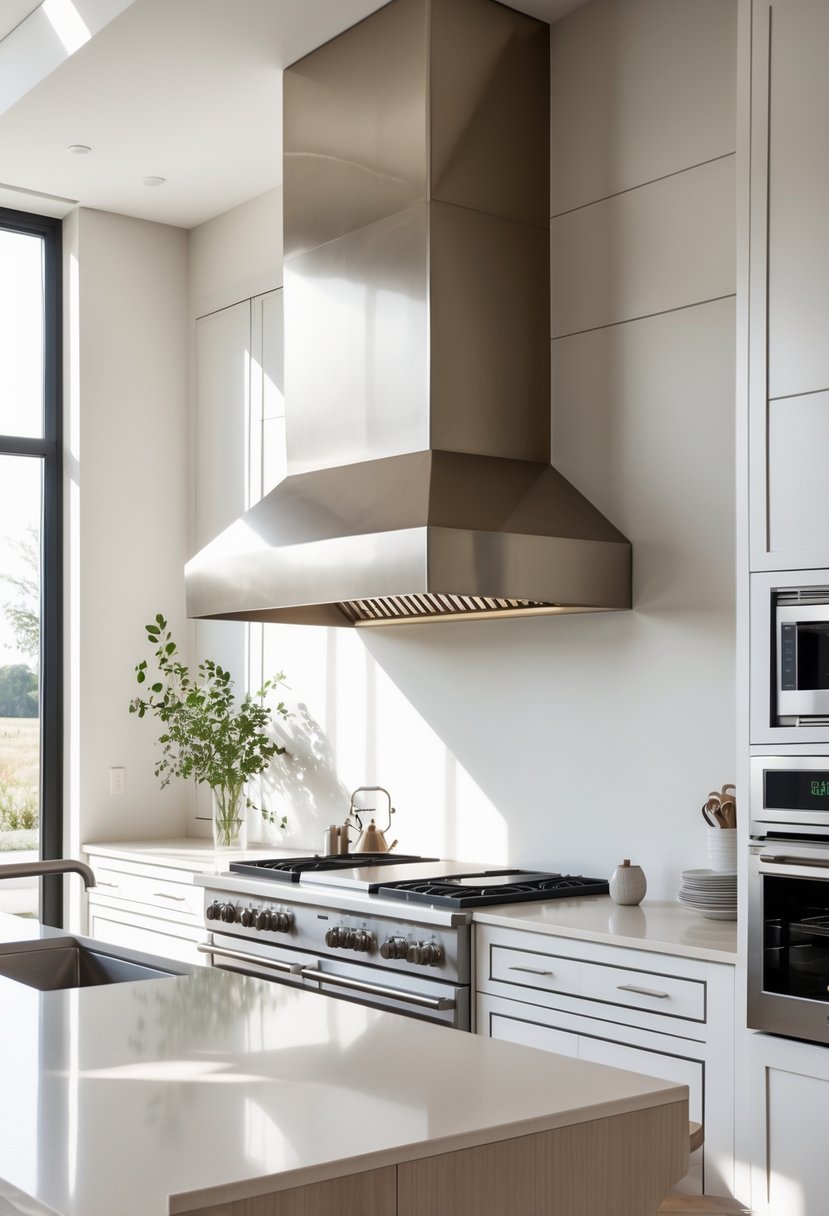 Kitchen Designers Ideas 2026: 23 Expert Concepts for Modern Homes 23 A modern kitchen with a large statement hood vent above a cooktop, featuring a bright island and contemporary cabinets.