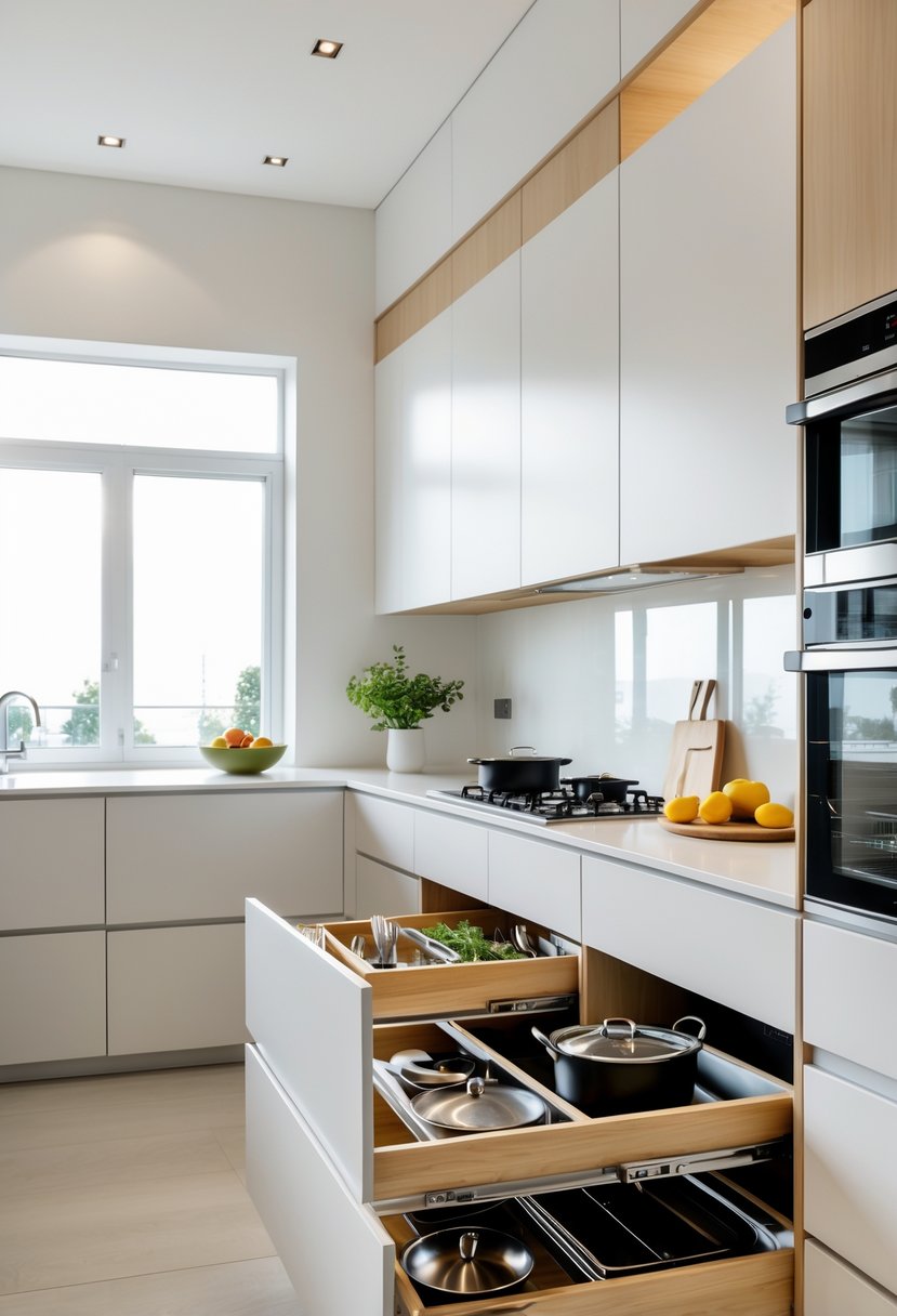 Kitchen Designers Ideas 2026: 23 Expert Concepts for Modern Homes 24 A modern kitchen with soft-close drawers opening smoothly, showing organized utensils and cookware.