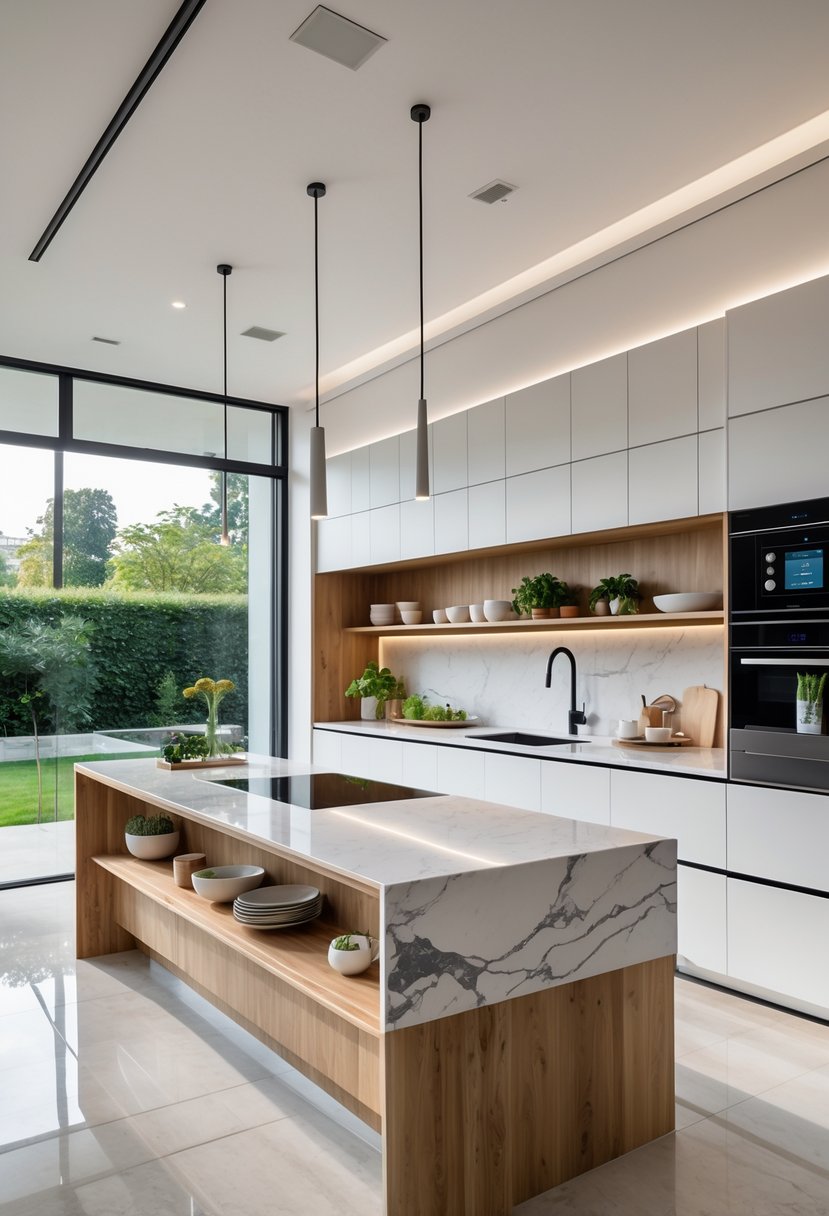 Kitchen Designers Ideas 2026: 23 Expert Concepts for Modern Homes 26 A bright, modern kitchen with a large island, sleek cabinets, smart appliances, and large windows overlooking a garden.