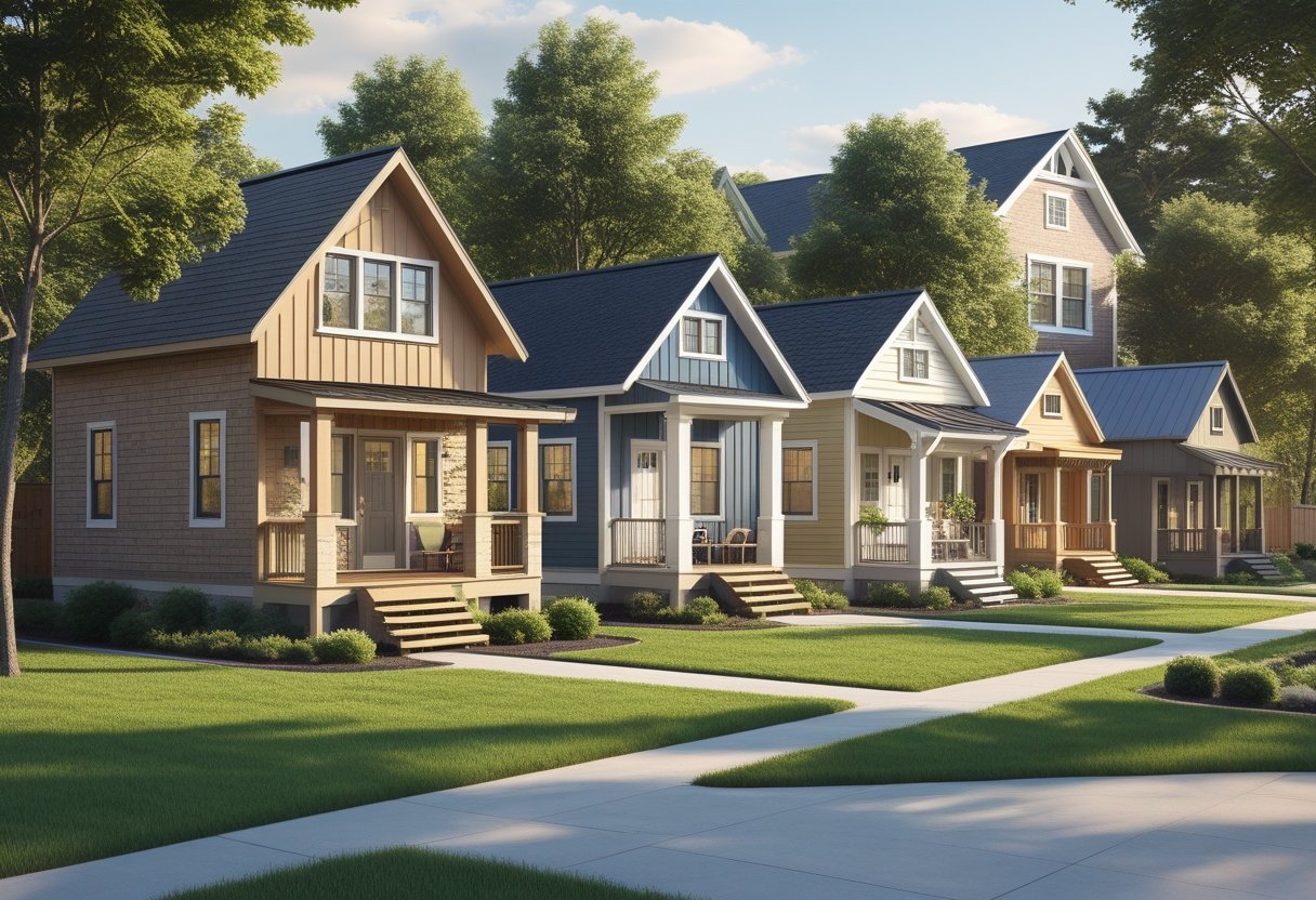 A suburban scene with several small standalone residential buildings surrounded by greenery and pathways.
