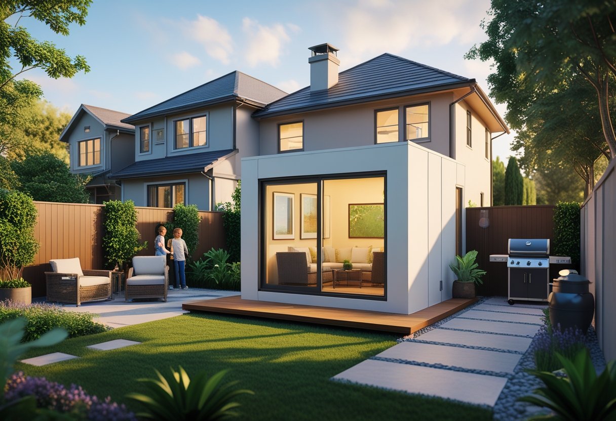 A backyard scene showing a main house with a small additional dwelling unit, outdoor furniture, plants, and a family enjoying the space.