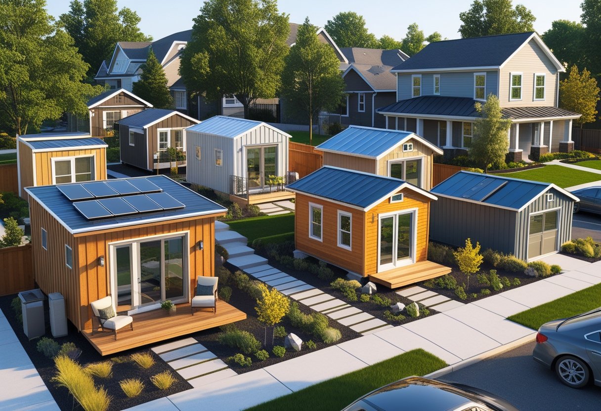 A neighborhood scene showing several small accessory dwelling units next to a main house, surrounded by trees and walkways.
