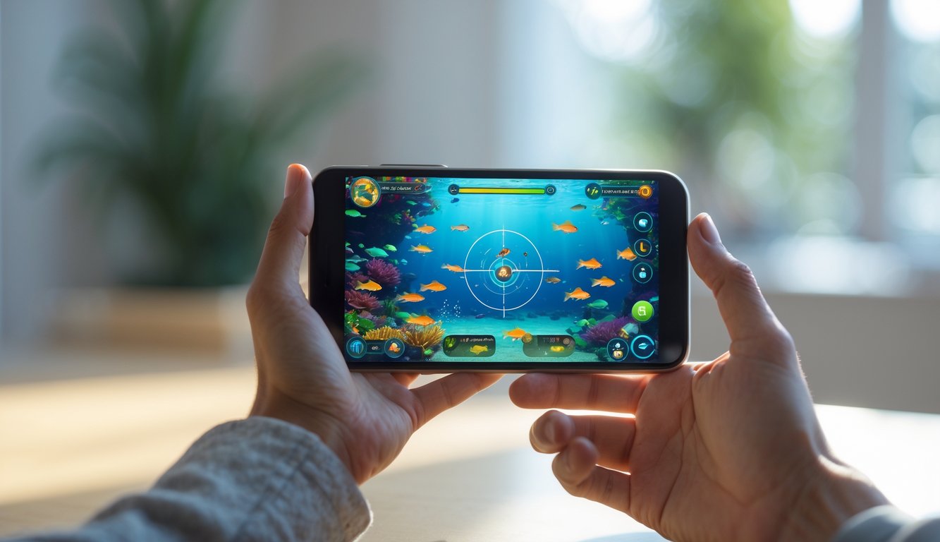 Seseorang memegang smartphone yang menampilkan permainan tembak ikan dengan ikan berwarna-warni di layar.