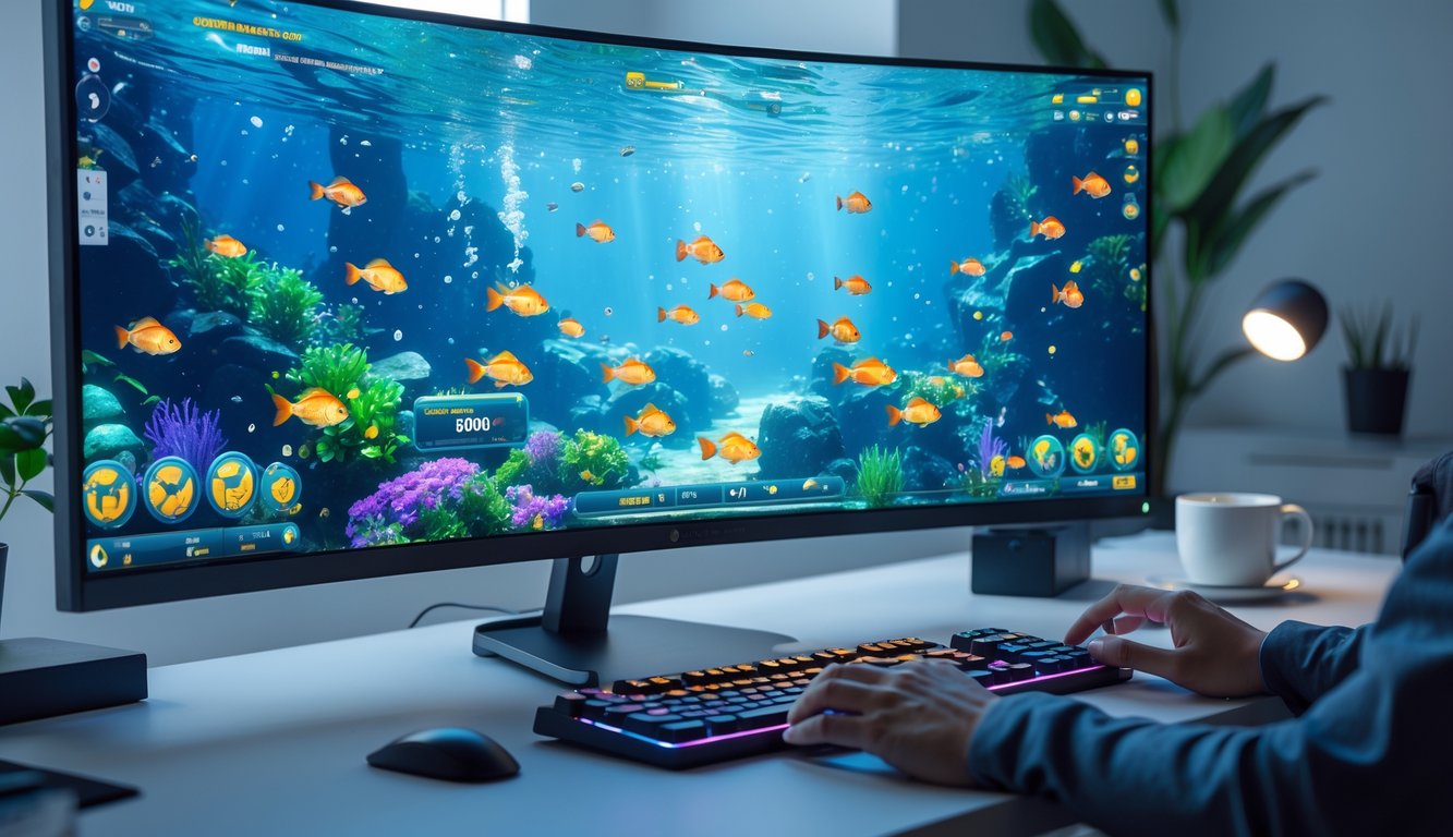 Seseorang sedang bermain game tembak ikan online di komputer di ruangan yang rapi dan terang.