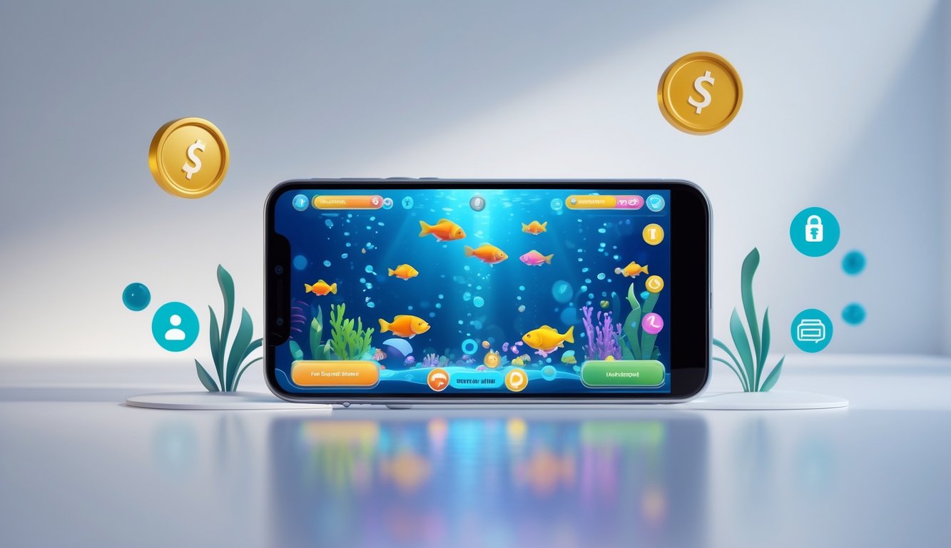 Sebuah ponsel menampilkan permainan tembak ikan online dengan ikon pembayaran digital di sekitarnya.