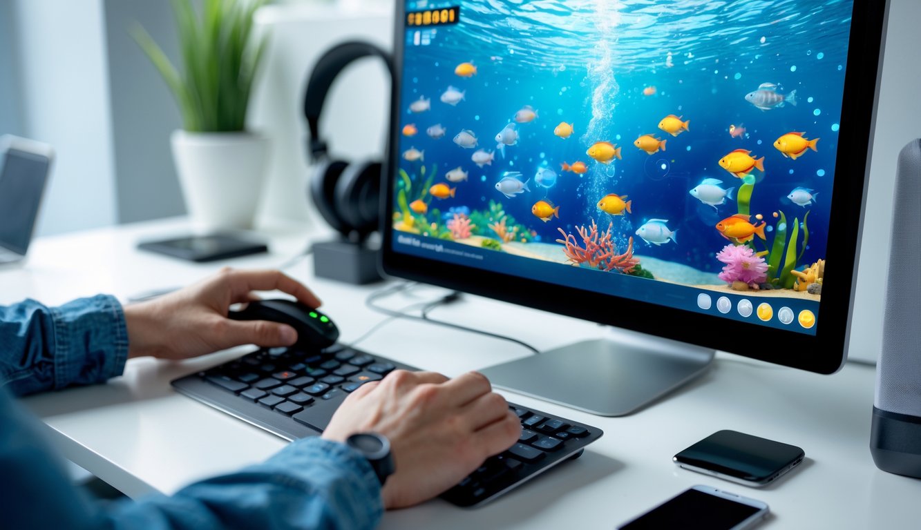 Seseorang sedang bermain game tembak ikan online di komputer dengan latar belakang ikan dan makhluk laut yang berwarna-warni.
