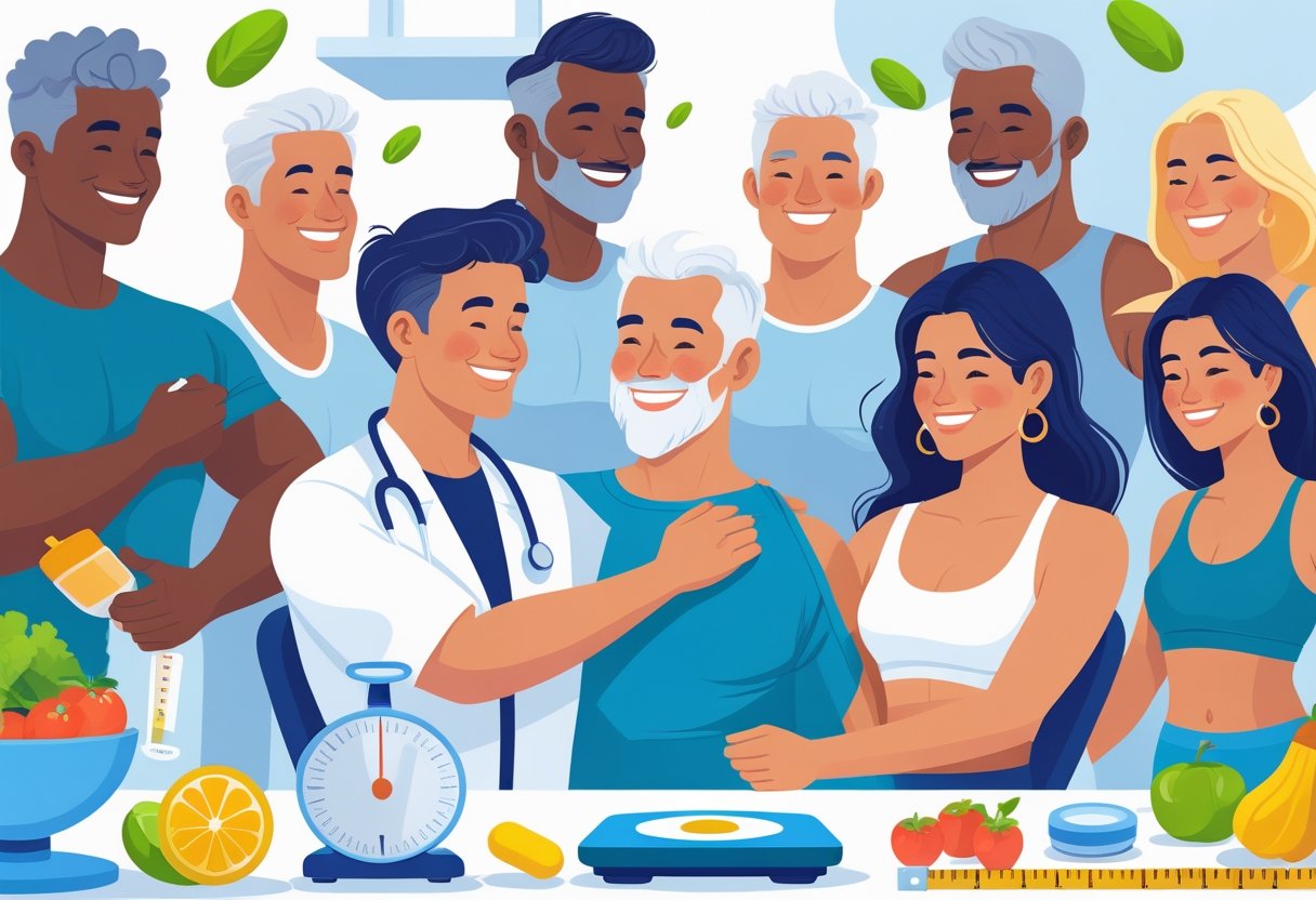 A diverse group of adults in a clinic where a healthcare professional gives a vitamin B12 injection to a patient, surrounded by symbols of weight loss and healthy living.