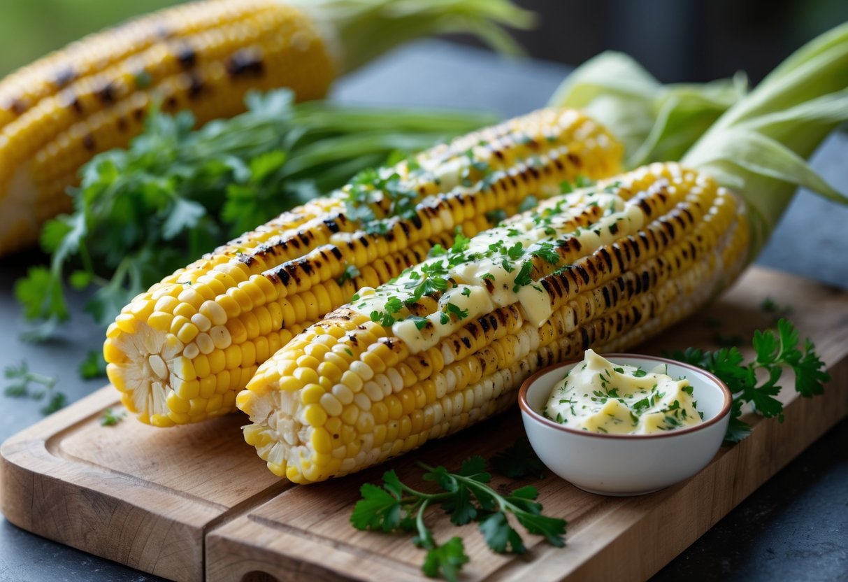 Grilled corn on the cob with herb butter on a wooden cutting board, garnished with fresh herbs.