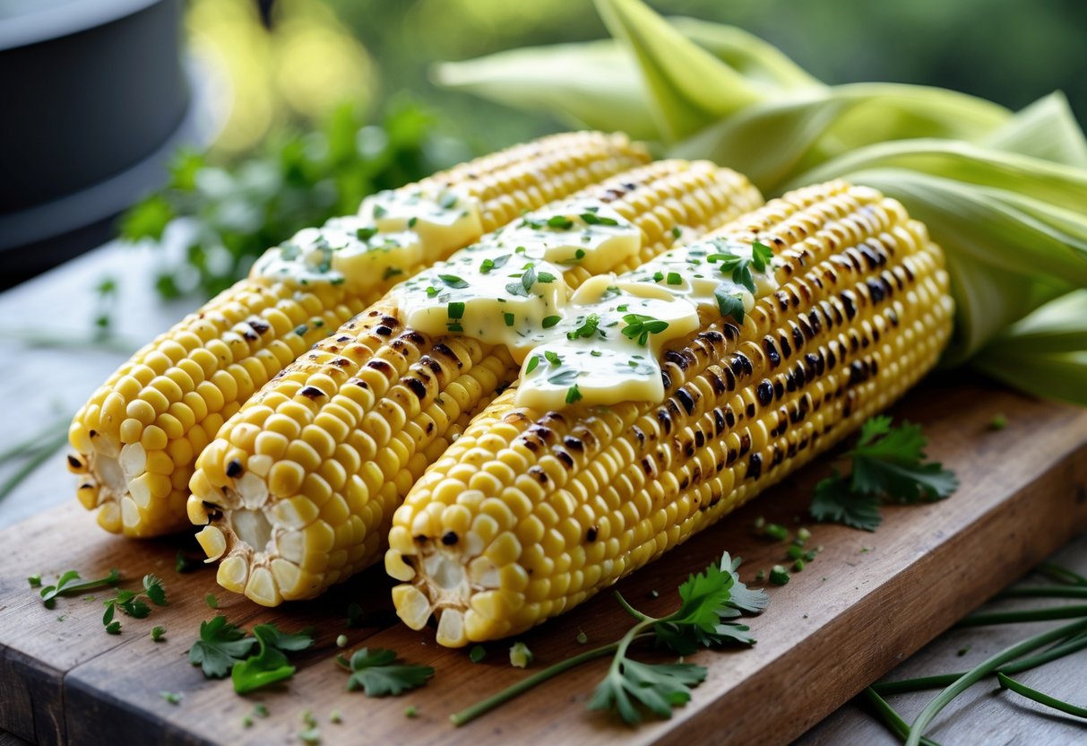Grilled corn on the cob with melted herb butter on a wooden board, surrounded by fresh herbs.
