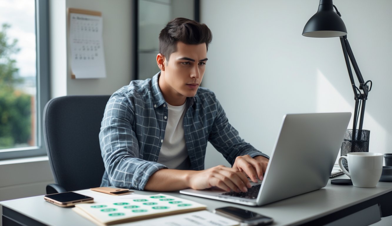 Seseorang sedang duduk di meja dengan laptop, fokus bermain togel online dengan suasana kerja yang rapi dan terang.