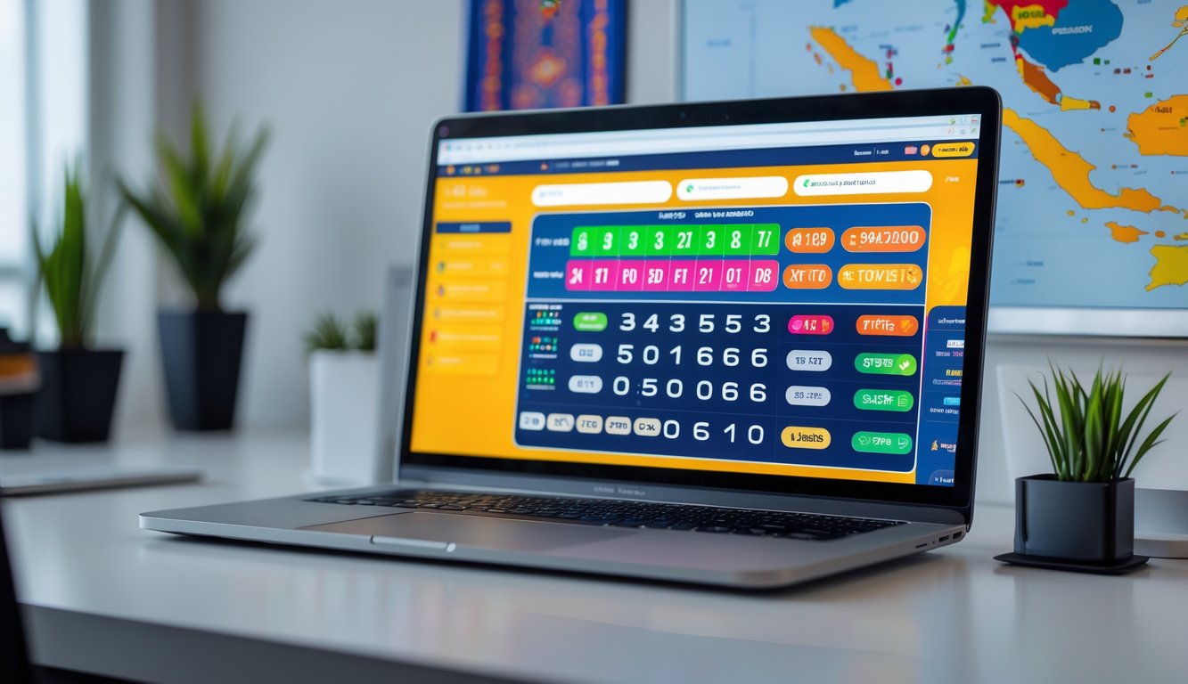 Layar komputer menampilkan platform togel online dengan angka dan grafik berwarna, di latar belakang terdapat pola batik dan peta Indonesia yang samar.
