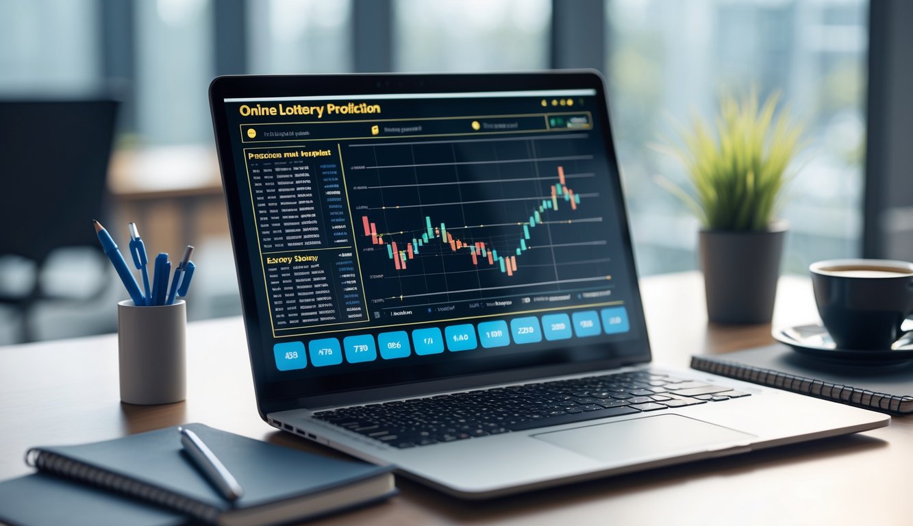 Meja kerja modern dengan laptop yang menampilkan grafik dan angka prediksi togel, dilengkapi dengan buku catatan dan secangkir kopi.