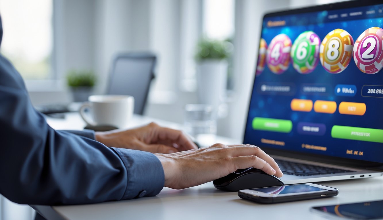 Sebuah ruang kerja modern dengan komputer yang menampilkan antarmuka situs togel online, tangan seseorang sedang menggunakan mouse, dan suasana kantor yang rapi dan terang.