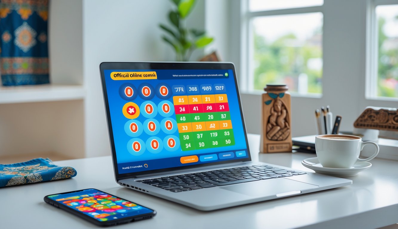 Seorang pengguna duduk di depan laptop dengan aplikasi togel online terbuka di layar, di meja terdapat ponsel dan cangkir kopi, dengan dekorasi tradisional Indonesia di latar belakang.