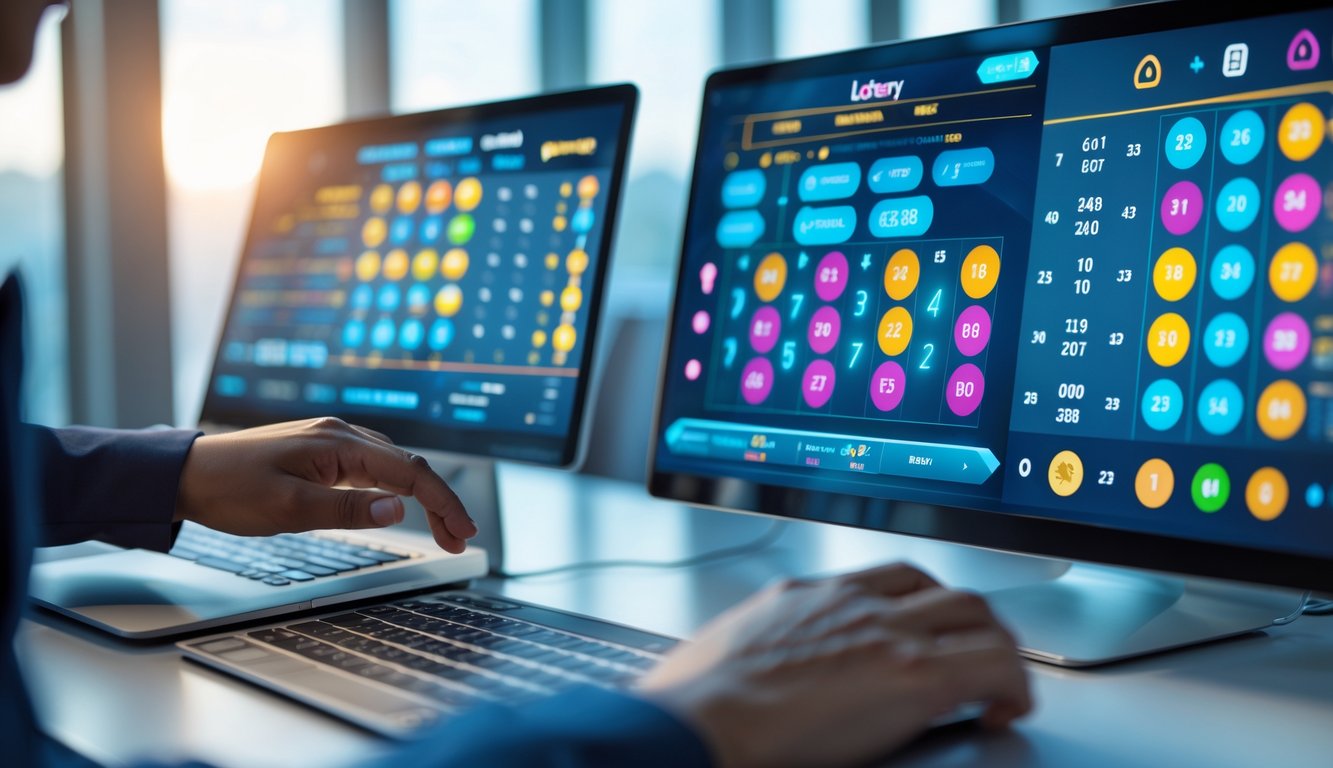 Sebuah meja dengan komputer menampilkan layar angka lotere dan antarmuka taruhan digital, dengan tangan seseorang yang sedang berinteraksi dengan perangkat tersebut.