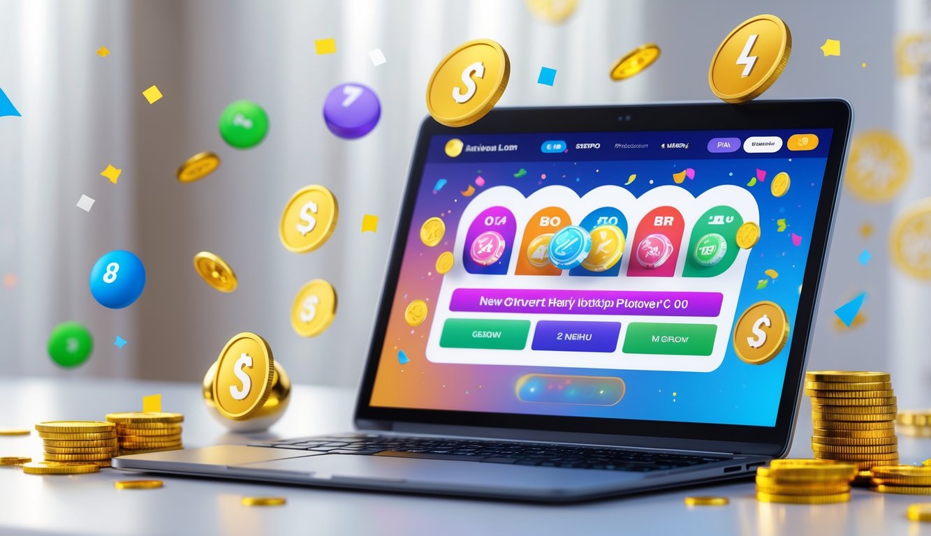 Seseorang menggunakan laptop dengan tampilan situs togel online yang menampilkan ikon hadiah dan koin emas di sekitarnya.
