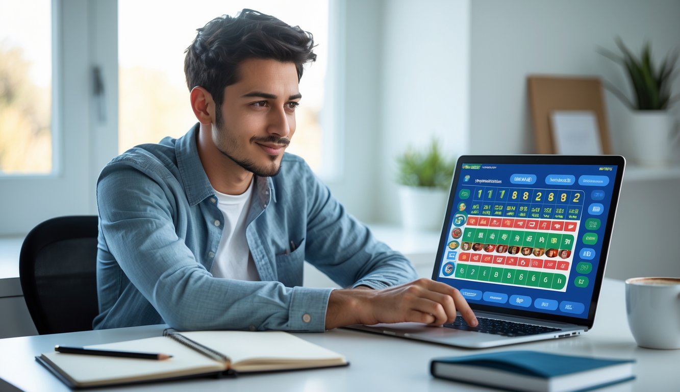 Seorang dewasa muda duduk di meja dengan laptop terbuka menampilkan permainan angka, suasana kantor rumah yang cerah dan rapi.
